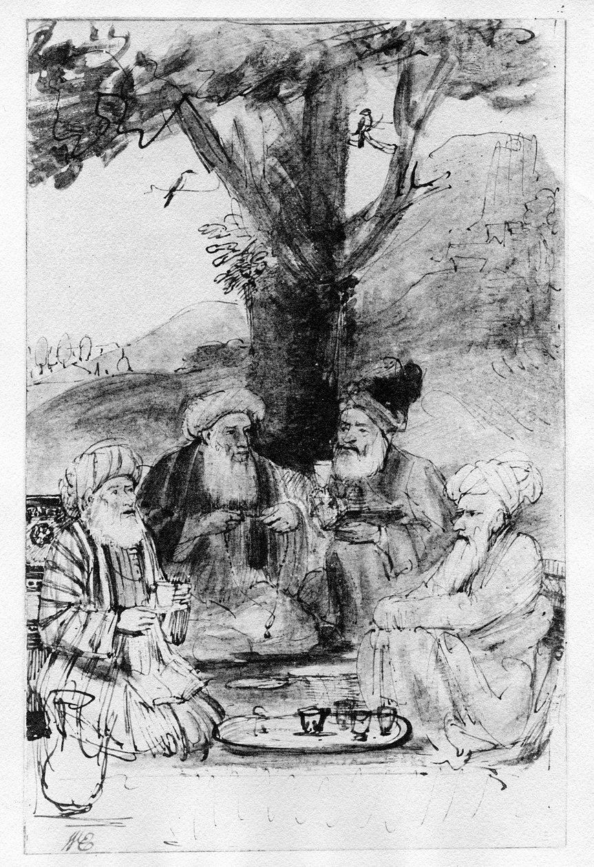 Bir ağacın altında oturan dört doğulu, c.1659 (kalem, mürekkep ve kağıt üzerinde yıkama) by Rembrandt van Rijn