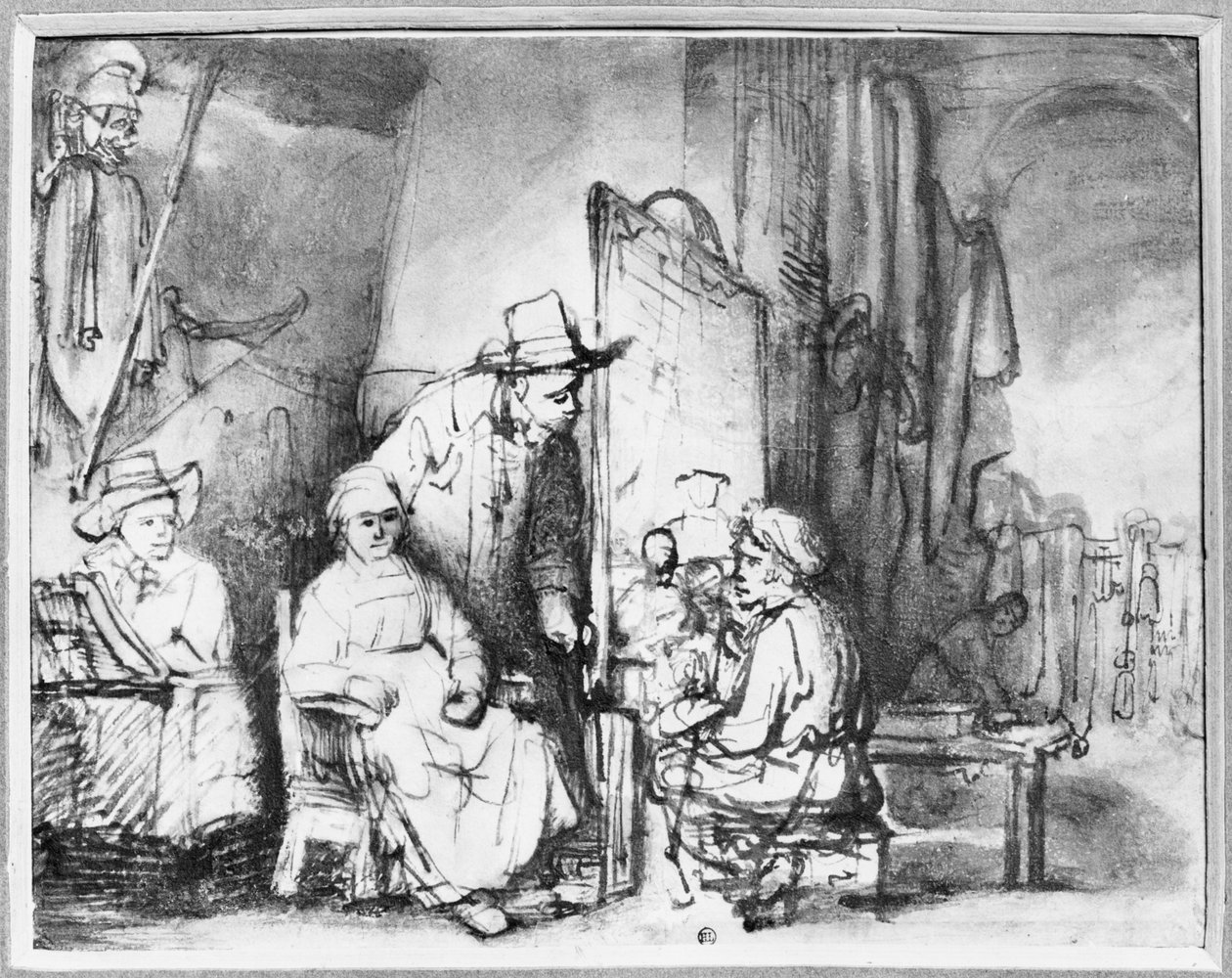 Bir çiftin portresini çizen bir ressamın olduğu bir stüdyonun içi (kalem, mürekkep, bistre ve kağıt üzerinde yıkama) by Rembrandt van Rijn