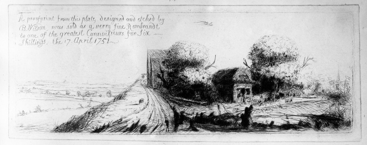 Benjamin Wilson, 1751 tarafından kazınmış kır yolu ve kulübeler ile Peyzaj by Rembrandt van Rijn