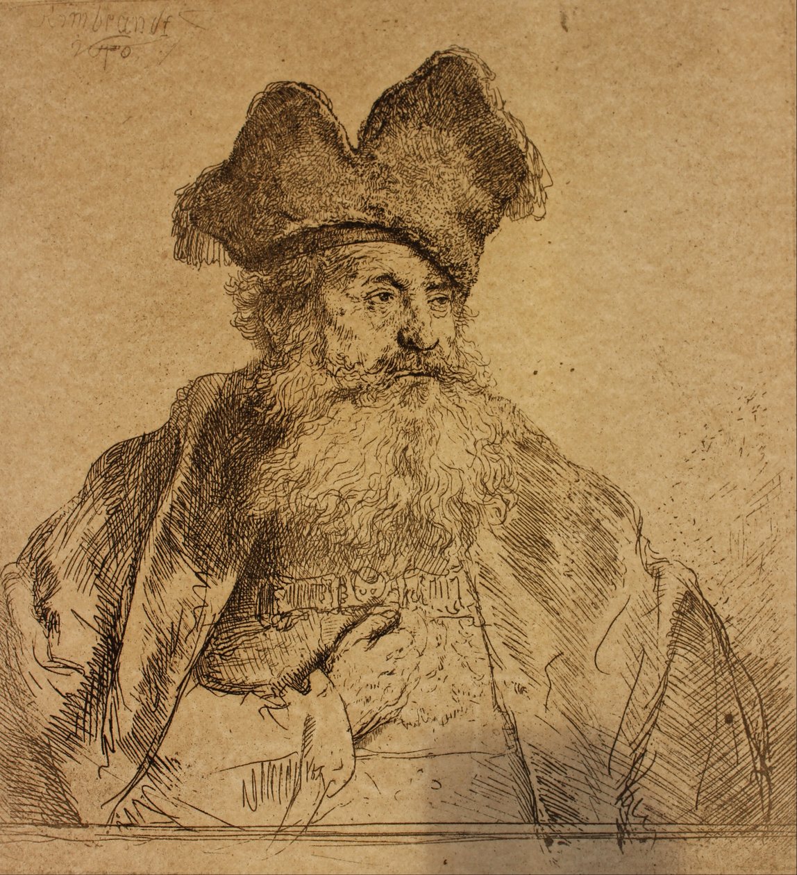 Bölünmüş Kürk Şapkalı Yaşlı Adam by Rembrandt van Rijn