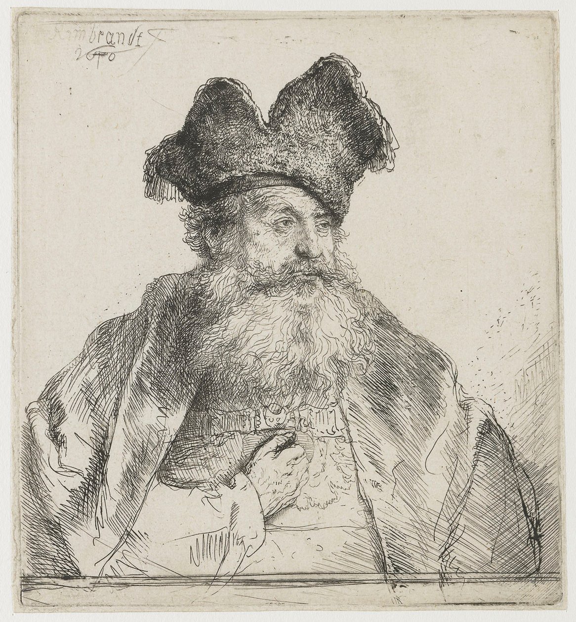 Bölünmüş Kürk Şapkalı Yaşlı Adam by Rembrandt van Rijn