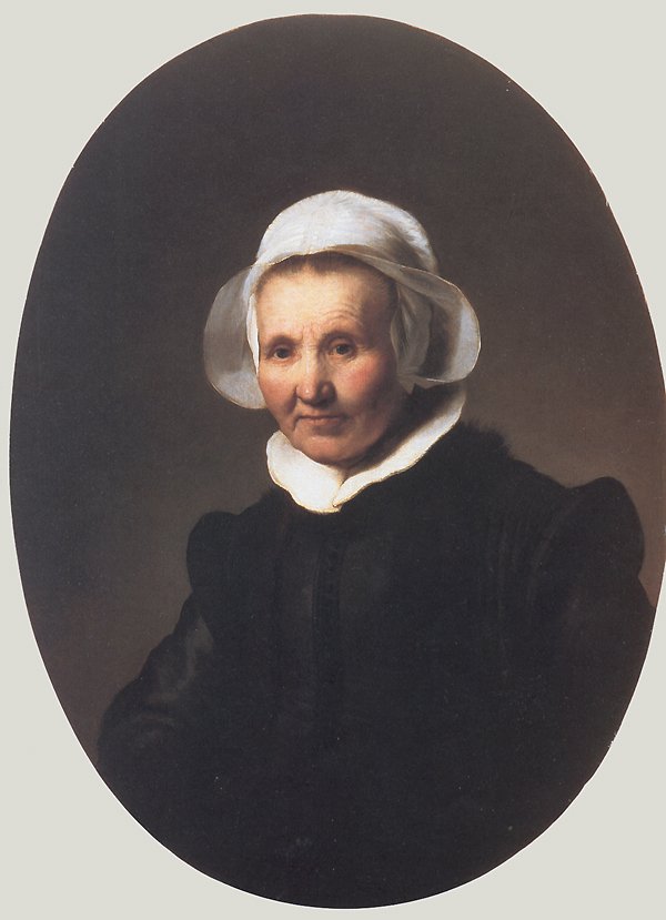 Siyah kostümlü, şapkalı ve yakalı bir bayanın portresi by Rembrandt van Rijn