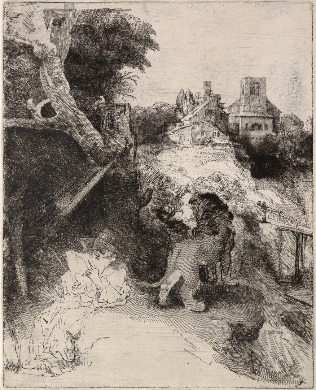 Bir İtalyan Manzarasında Aziz Jerome Okuma by Rembrandt van Rijn