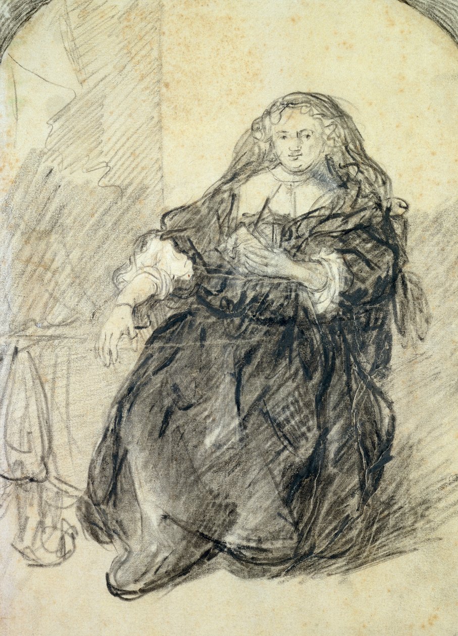 Seated Saskia with a letter in her left hand (black chalk with white bodycolour on paper) by Rembrandt van Rijn