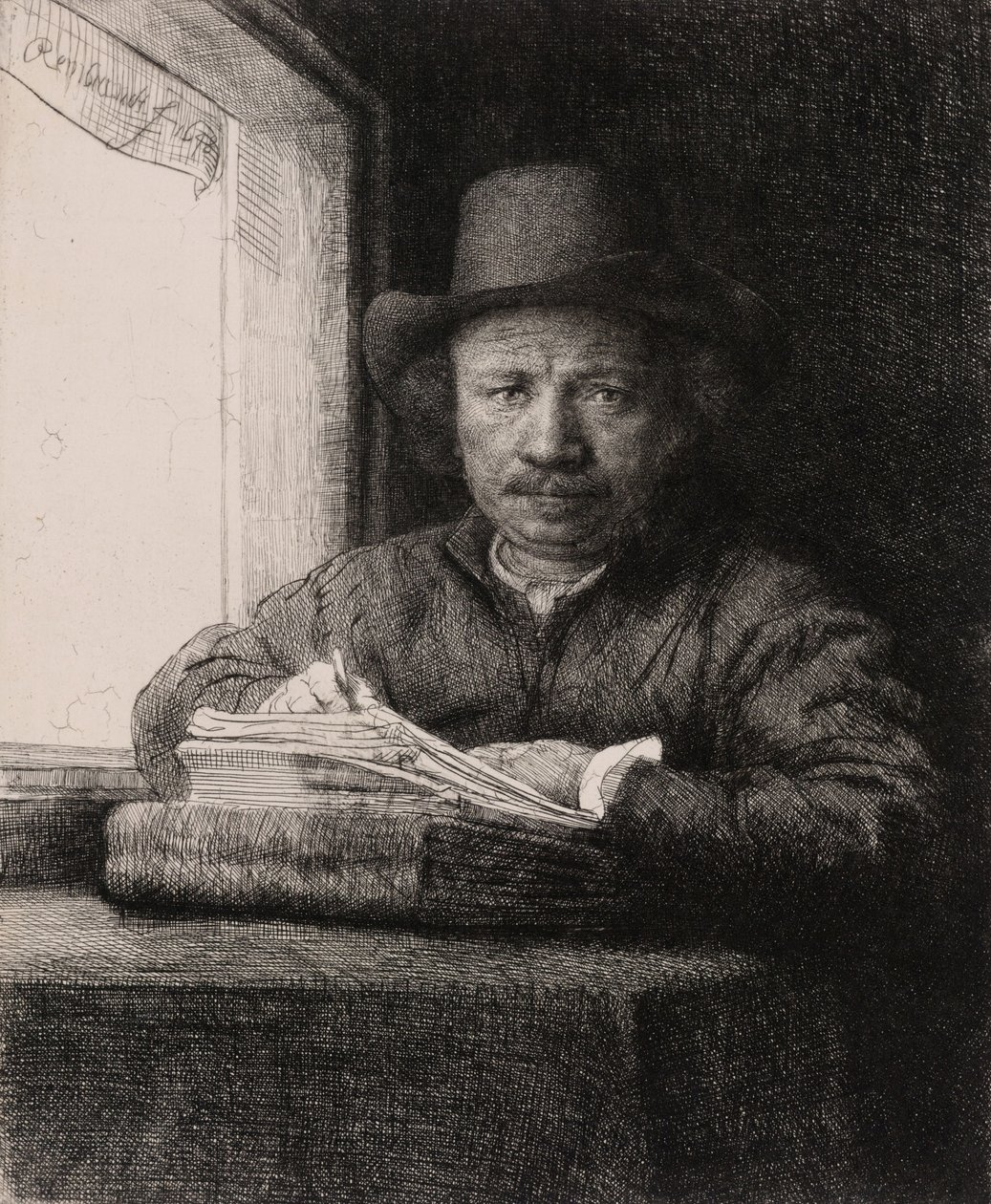 Pencerede Kendi Kendine Portre Çizimi by Rembrandt van Rijn