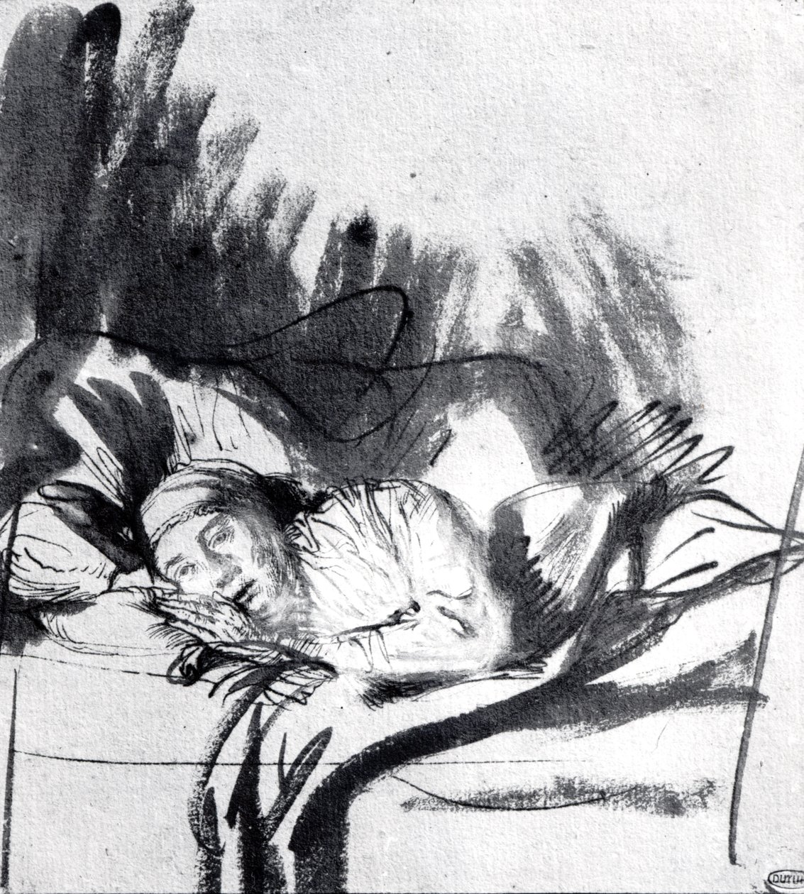 Yatakta hasta bir kadın, belki Saskia, ressamın karısı, 1640 dolayları (kağıt üzerinde kalem ve bistre) by Rembrandt van Rijn