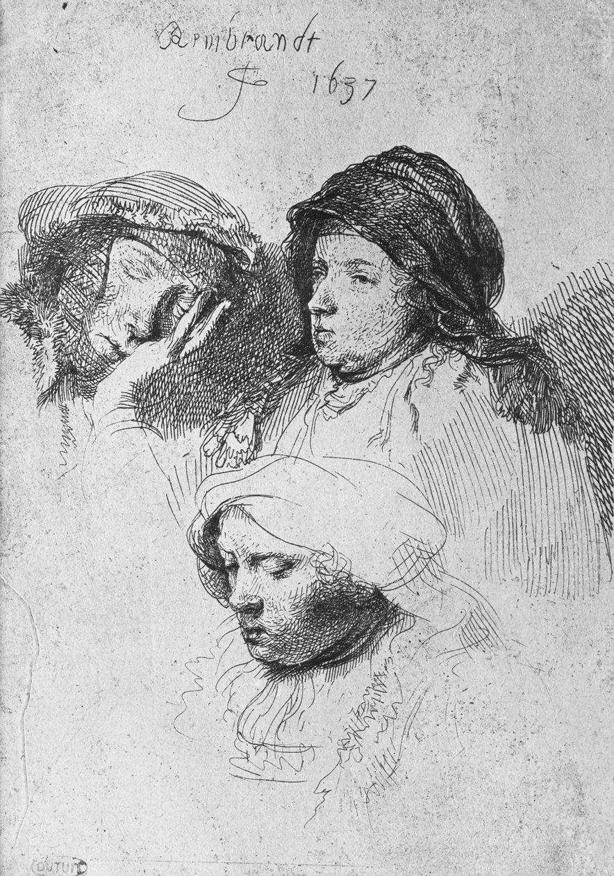 Biri uyuyan üç kadın kafası, 1637 by Rembrandt van Rijn