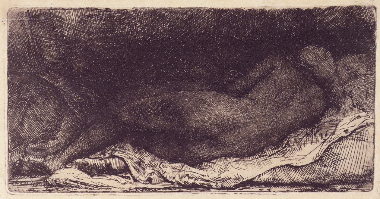 Yatakta Yatan Kadın, 1658 (aşındırma, kuru nokta ve yüzey tonuyla yanma) by Rembrandt van Rijn