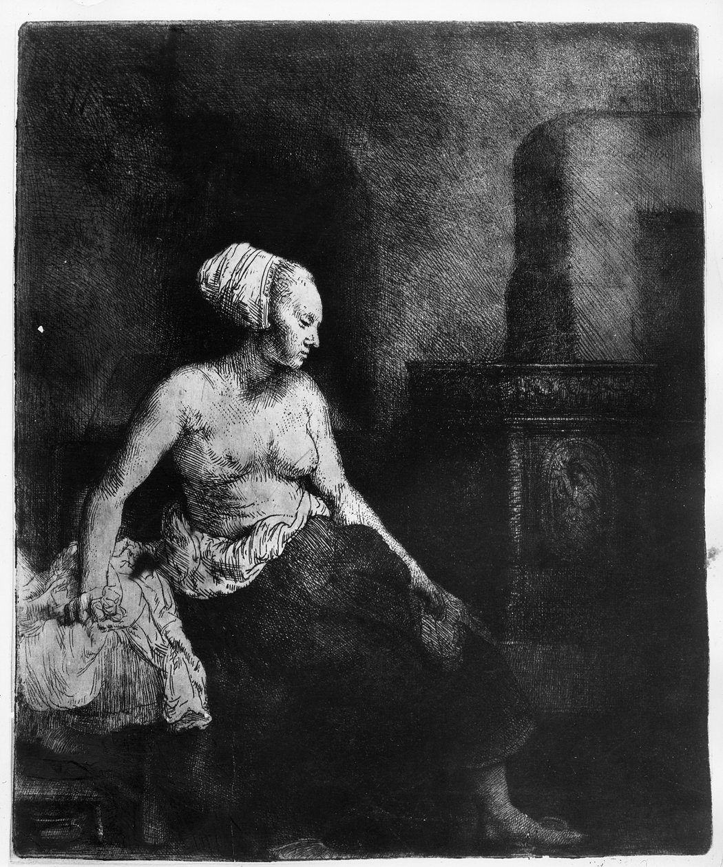 Bir sobanın yanında yarı giyinik oturan kadın, 1658 by Rembrandt van Rijn