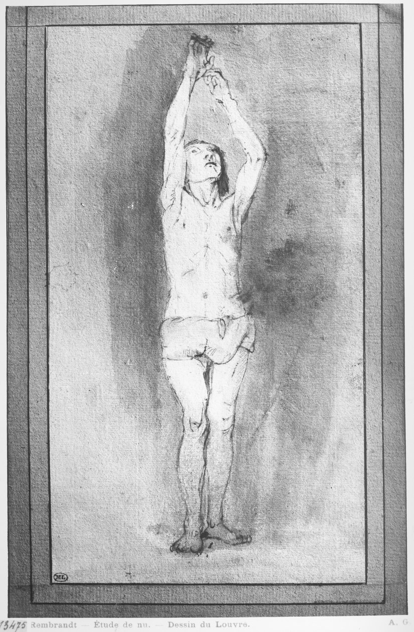 Peştemalli genç çocuk, iki eli küçük bir çubuğa asılmış (kalem, kahverengi mürekkep ve kağıt üzerinde yıkama) by Rembrandt van Rijn