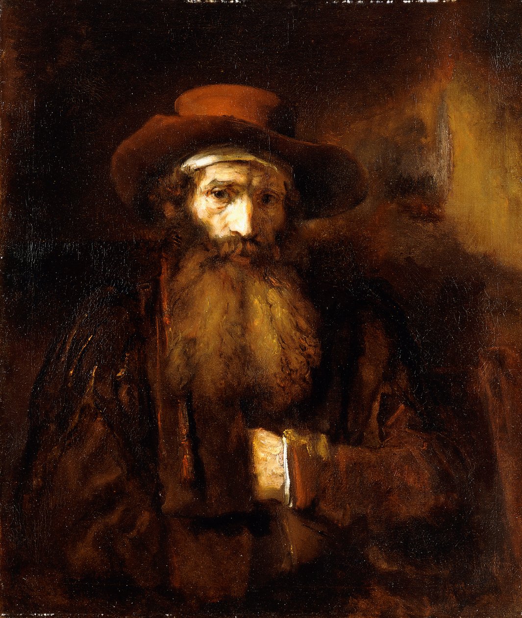 Sakallı Yaşlı Adam, kahverengi bir ceket ve kırmızı şapka takıyor, 1651 by Rembrandt van Rijn