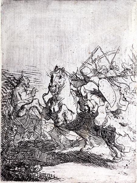 Süvari Dövüşü (kağıt üzerinde kalem ve mürekkep) by Rembrandt Harmensz. van Rijn