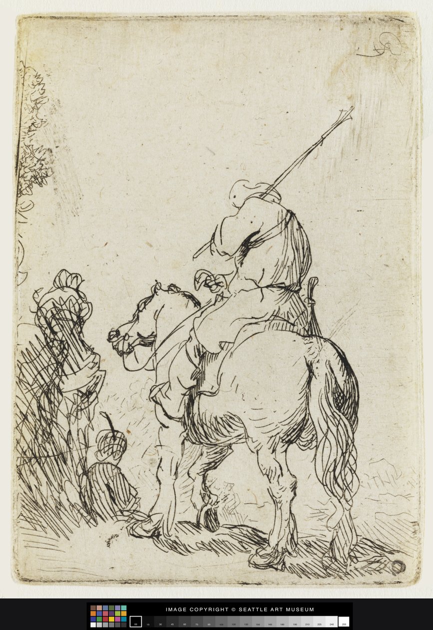 At Sırtında Sarıklı Bir Asker, 1632 dolayları (Gravür) by Rembrandt van Rijn