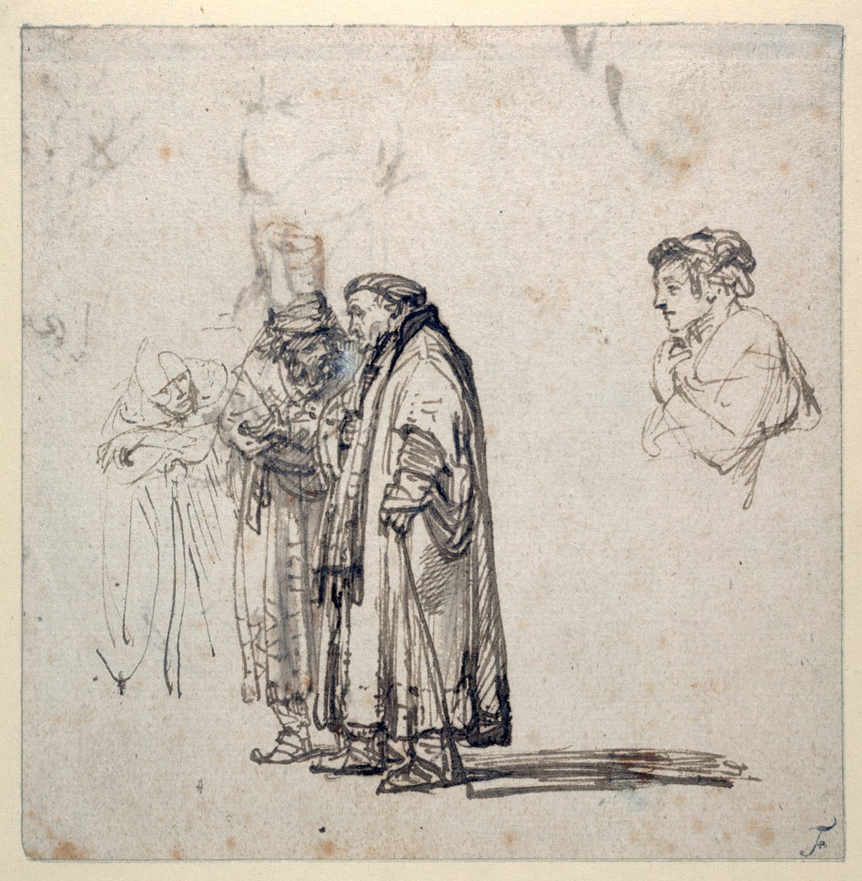 Bir grup yaşlı bilim adamı ve ayrı olarak, genç bir adamın profili (kağıt üzerinde kalem ve mürekkep) (2636120 recto) by Rembrandt Harmensz. van Rijn