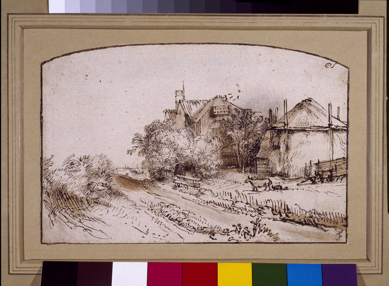 Bir çiftliğin yakınındaki samanlık, c.1650 (kağıt üzerine kalem ve mürekkep) by Rembrandt Harmensz. van Rijn