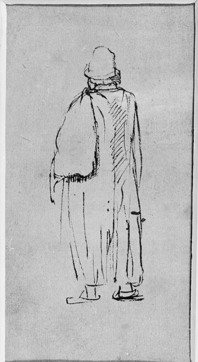 Arkadan görünen, sola doğru yürüyen bir adam (kağıt üzerine kalem ve mürekkep) by Rembrandt Harmensz. van Rijn