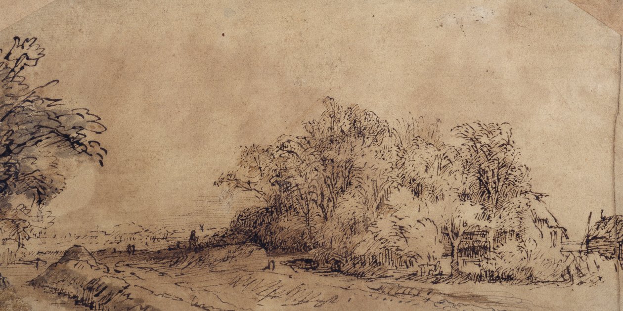 Bir çiftlik evini gizleyen ağaçların olduğu set boyunca zorlu bir yol (kağıt üzerinde yıkama ile kalem ve mürekkep) by Rembrandt Harmensz. van Rijn