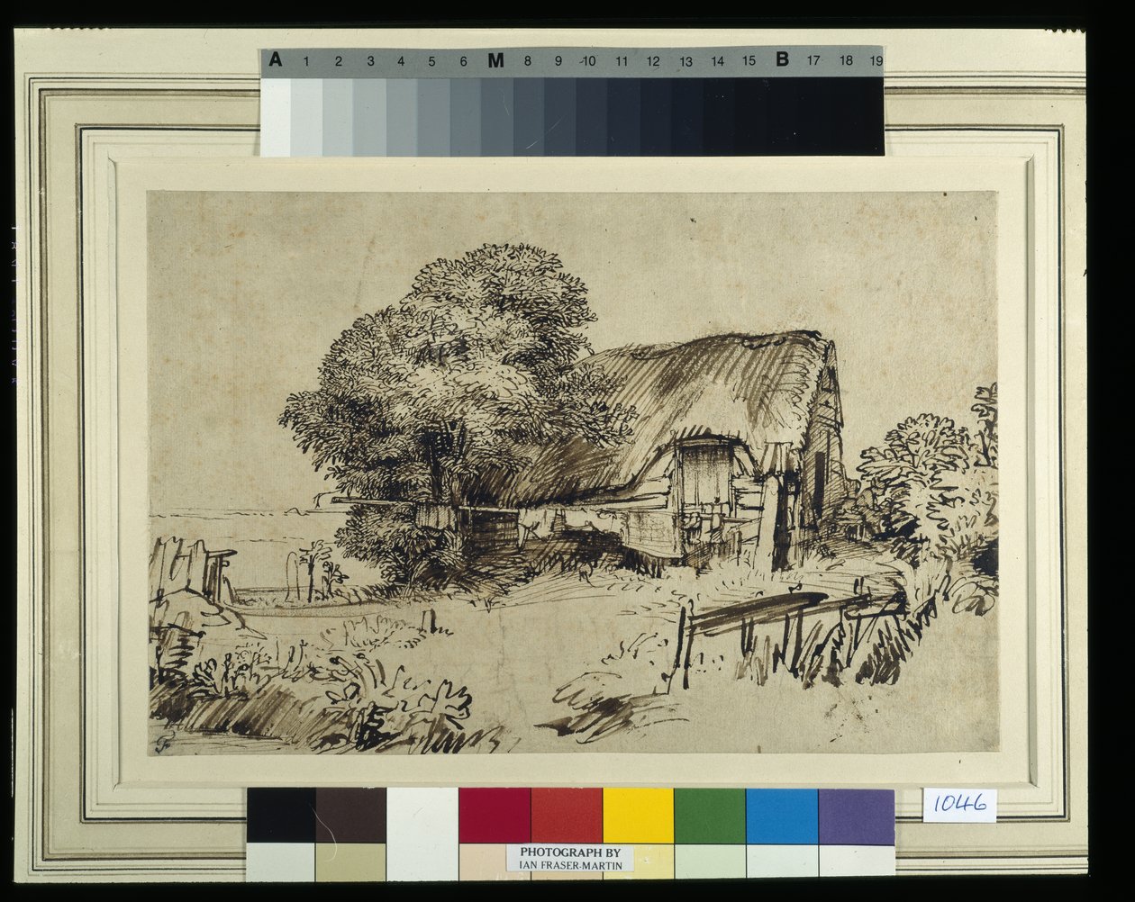 Büyük bir ağacın yanında sazdan bir kulübe, dışarıda oturan bir figür, c.1648-52 (kağıt üzerine kalem ve mürekkep) by Rembrandt Harmensz. van Rijn
