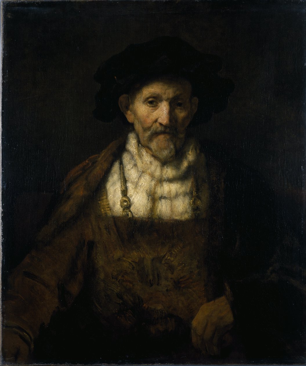 Hayali kostümlü yaşlı bir adam (tuval üzerine yağlı boya) by Rembrandt Harmensz. van Rijn