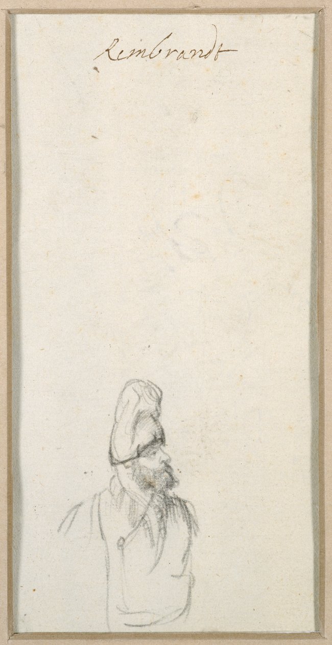 Profildeki sakallı adam, yüksek şapkalı, yaklaşık 1640 (kağıt üzerinde siyah tebeşir) by Rembrandt Harmensz. van Rijn