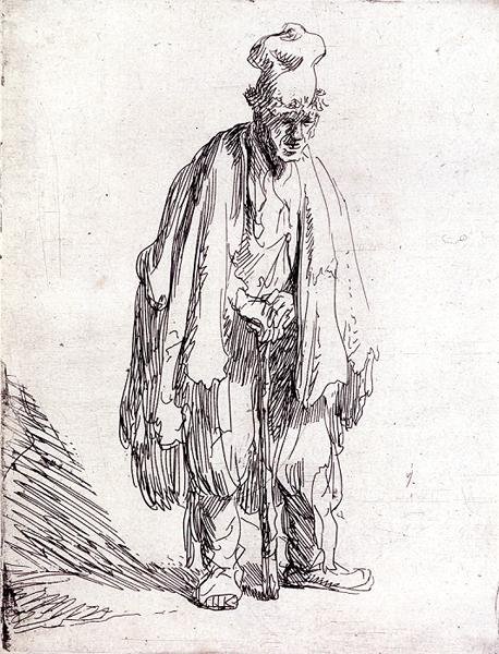 Yüksek Şapkalı Dilenci (kağıt üzerinde kalem ve mürekkep) by Rembrandt Harmensz. van Rijn