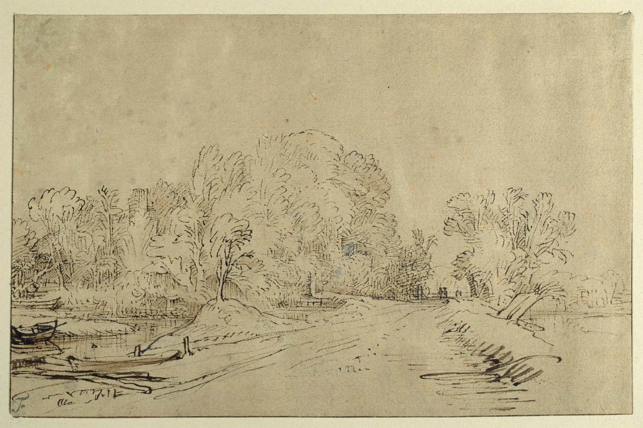 Tekneler, bent yolu ve ağaçları olan kanal (kağıt üzerinde yıkamalı kamış kalem ve mürekkep) by Rembrandt Harmensz. van Rijn