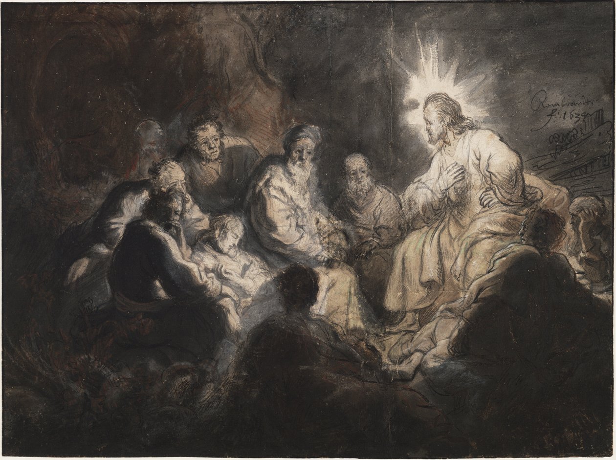 Gethsemane Bahçesinde Mesih ve Havarileri, Rembrandt van Rhijn (1606-1669). Kalem, fırça, gri ve kahverengi renk, kağıt üzerine suluboya, yaklaşık 1634. Ebat : 35,7x47,8 cm. Teylers Müzesi, Haarlem by Rembrandt Harmensz. van Rijn