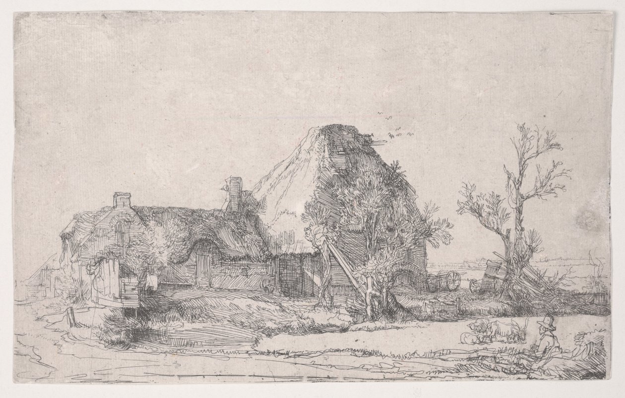 Bir Adam Eskiziyle Yazlık ve Çiftlik Binaları, c.1645 (gravür) by Rembrandt van Rijn