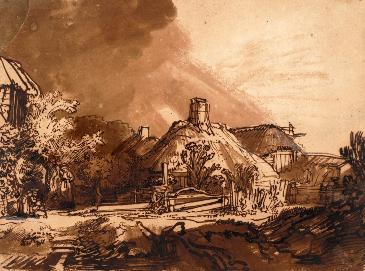 Fırtınalı bir gökyüzünün önündeki kulübeler (kalem ve mürekkep) by Rembrandt van Rijn