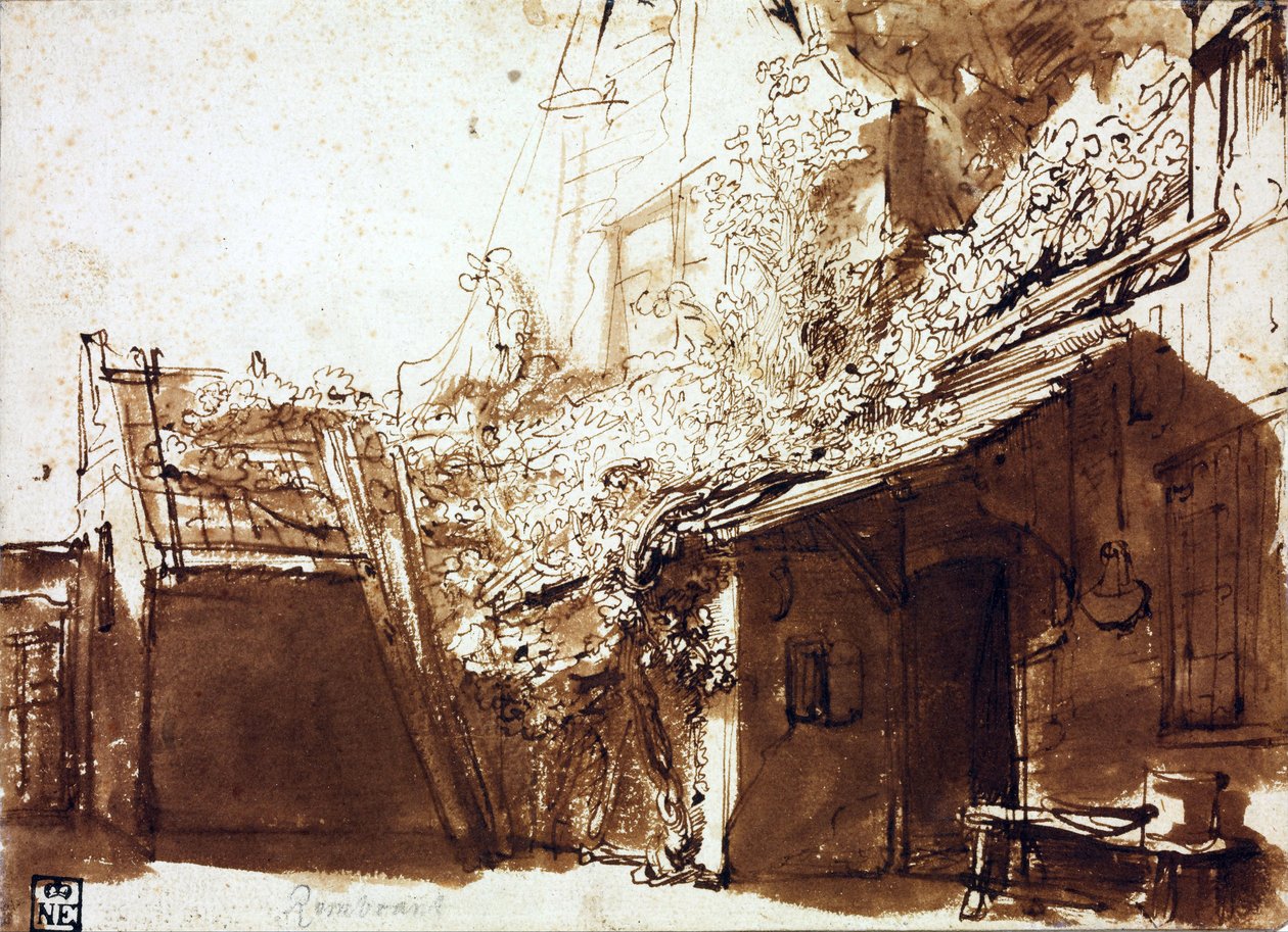Işık ve Gölgede Çiftlik Evi - Rembrandt van Rhijn (1606-1669) - 1635-1636 - Kağıt üzerine kalem, fırça, kahverengi renk - 16,2x22,5 cm - Szepmuveszeti Muzeum, Budapeşte by Rembrandt Harmensz. van Rijn