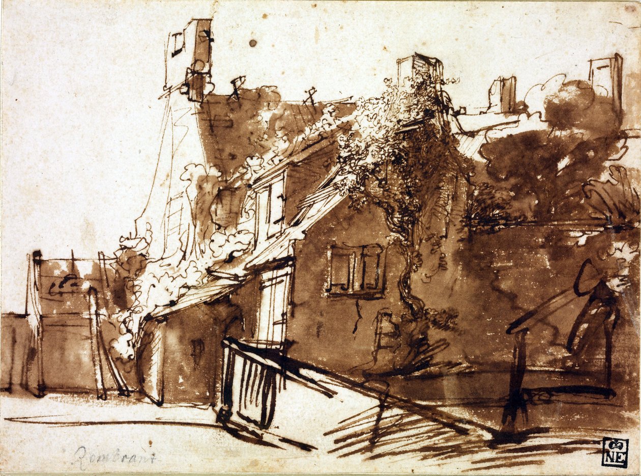 Güneş Işığında Çiftlik Evi - Rembrandt van Rhijn (1606-1669) - 1635-1636 - Kağıt üzerinde kalem, fırça, kahverengi renk - 16.4x22.3 cm - Szepmuveszeti Muzeum, Budapeşte by Rembrandt Harmensz. van Rijn