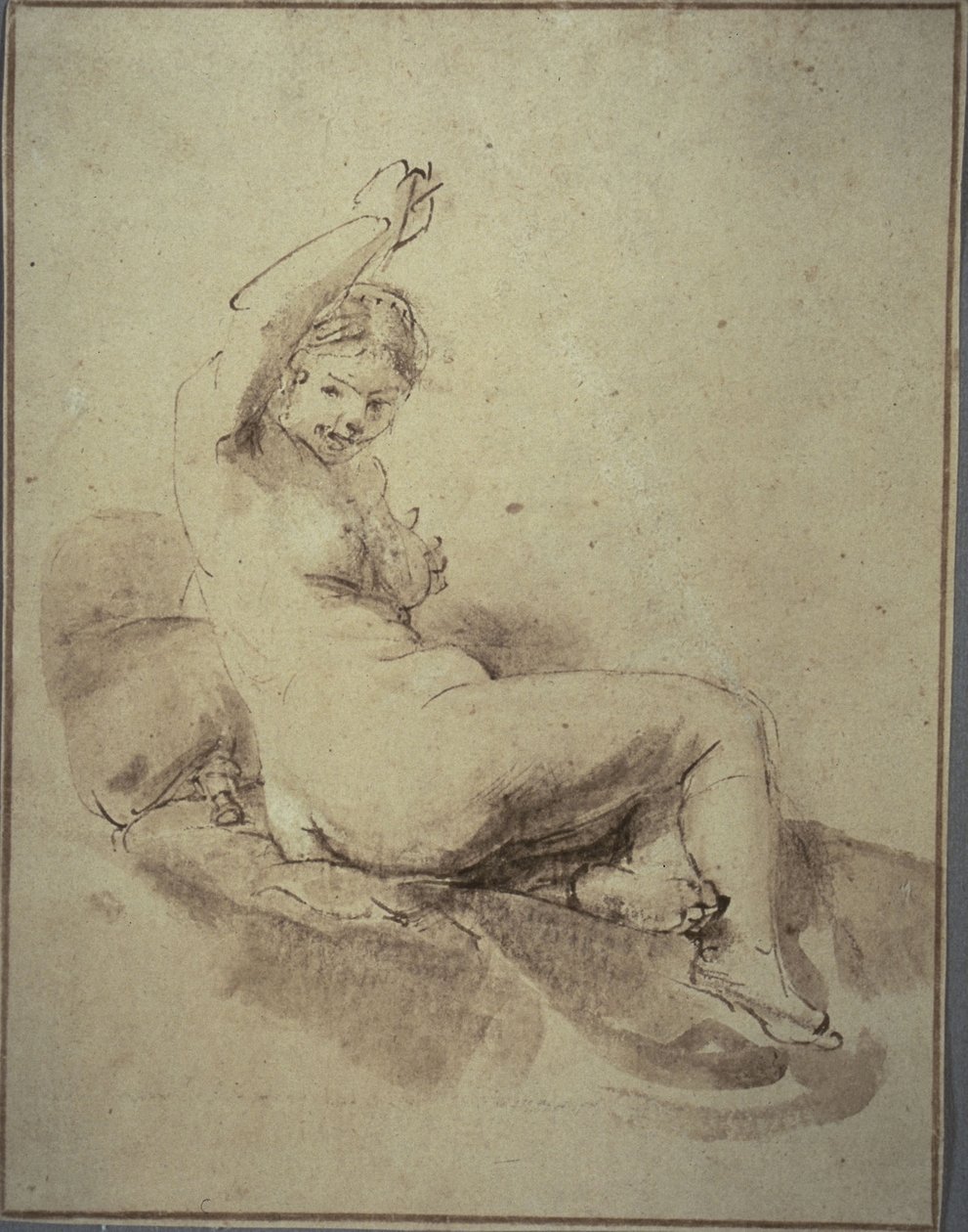 Kolu Kaldırılmış, Uzanmış Kadın Çıplak, 1665 dolayları (bronz renkli kağıt üzerine kalem ve kahverengi mürekkep ve fırça ve kahverengi yıkama) by Rembrandt Harmensz. van Rijn