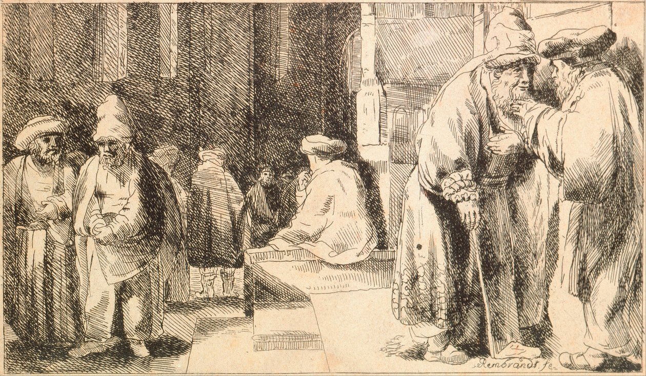 ""Juifs a la sinagog"" (Sinagogdaki Yahudiler) Gravür Rembrandt van Rhijn (1606-1669) - 1648 Dim 7,6x13 cm Yahudi Müzesi, New York by Rembrandt van Rijn