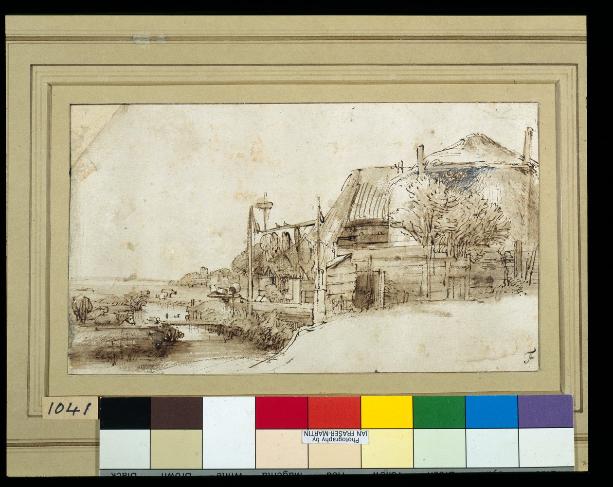 Sağda çiftlik binaları olan manzara (kağıt üzerinde yıkama ile kalem ve mürekkep) by Rembrandt Harmensz. van Rijn