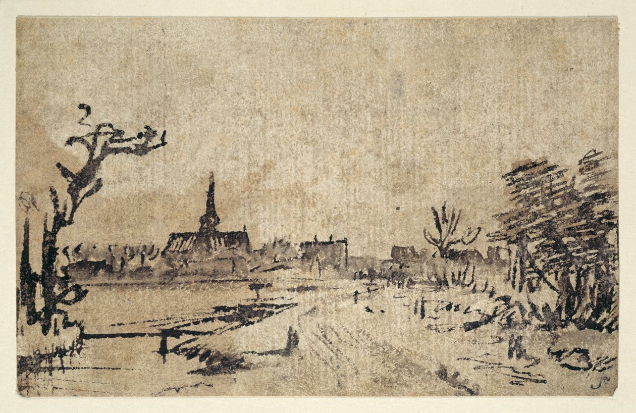 Sulu manzara, arka planda Amstelveen köyü, c.1654-55 (kahverengi cilalı kalem ve mürekkep) by Rembrandt Harmensz. van Rijn