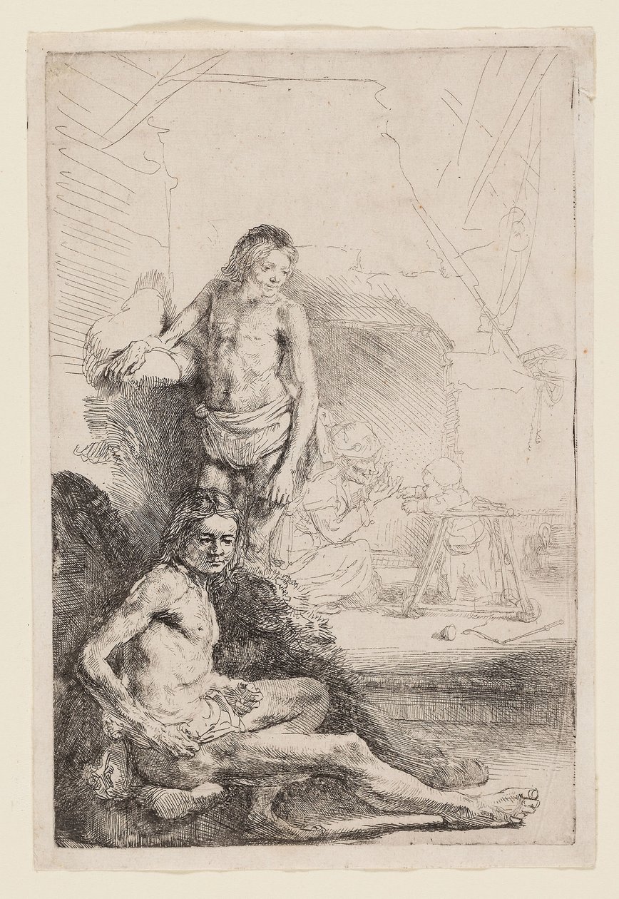 Erkek Çıplak Oturmuş ve Ayakta, yaklaşık 1646 (fildişi kaplı kağıt üzerine gravür) by Rembrandt Harmensz. van Rijn
