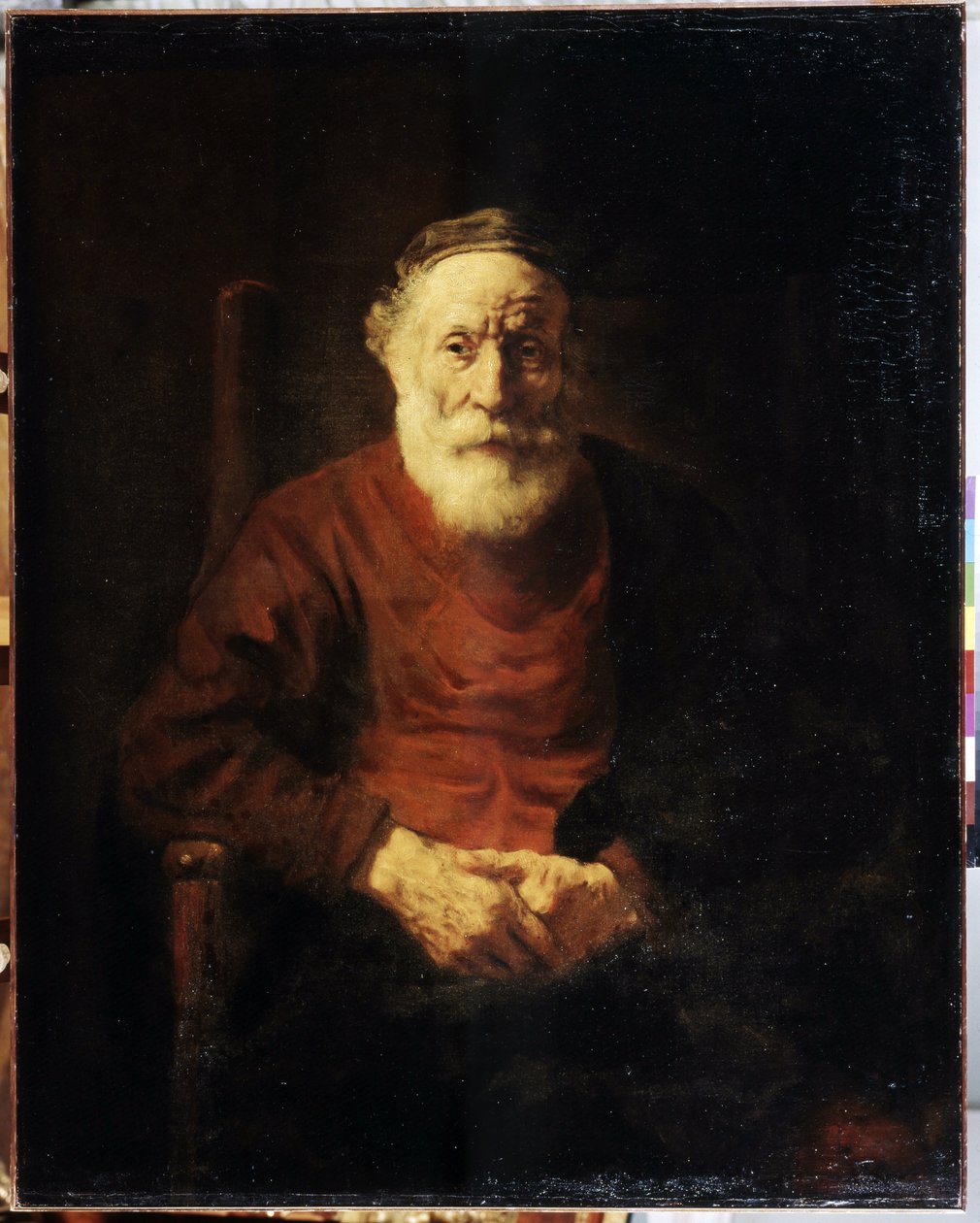 Kırmızılı yaşlı bir adamın portresi. Rembrandt (1606-1669) olarak bilinen Harmenszoon van Rijn tarafından yapılan tablo by Rembrandt Harmensz. van Rijn