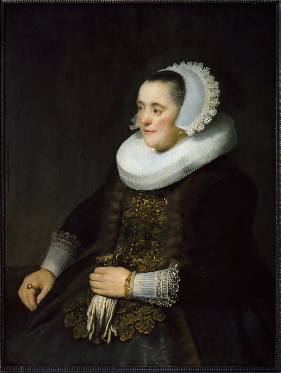 Ruff ve başlık takan Hollandalı bir burjuva kadının portresi. (Tablo by Rembrandt van Rijn