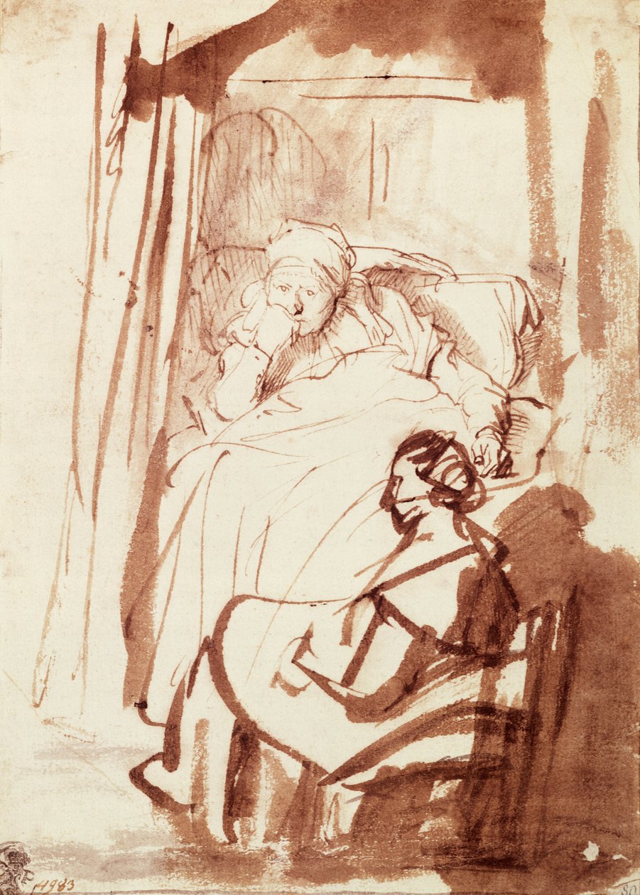 Yatakta yatan Saskia, ayaklarının dibinde oturan bir kadın by Rembrandt Harmensz. van Rijn
