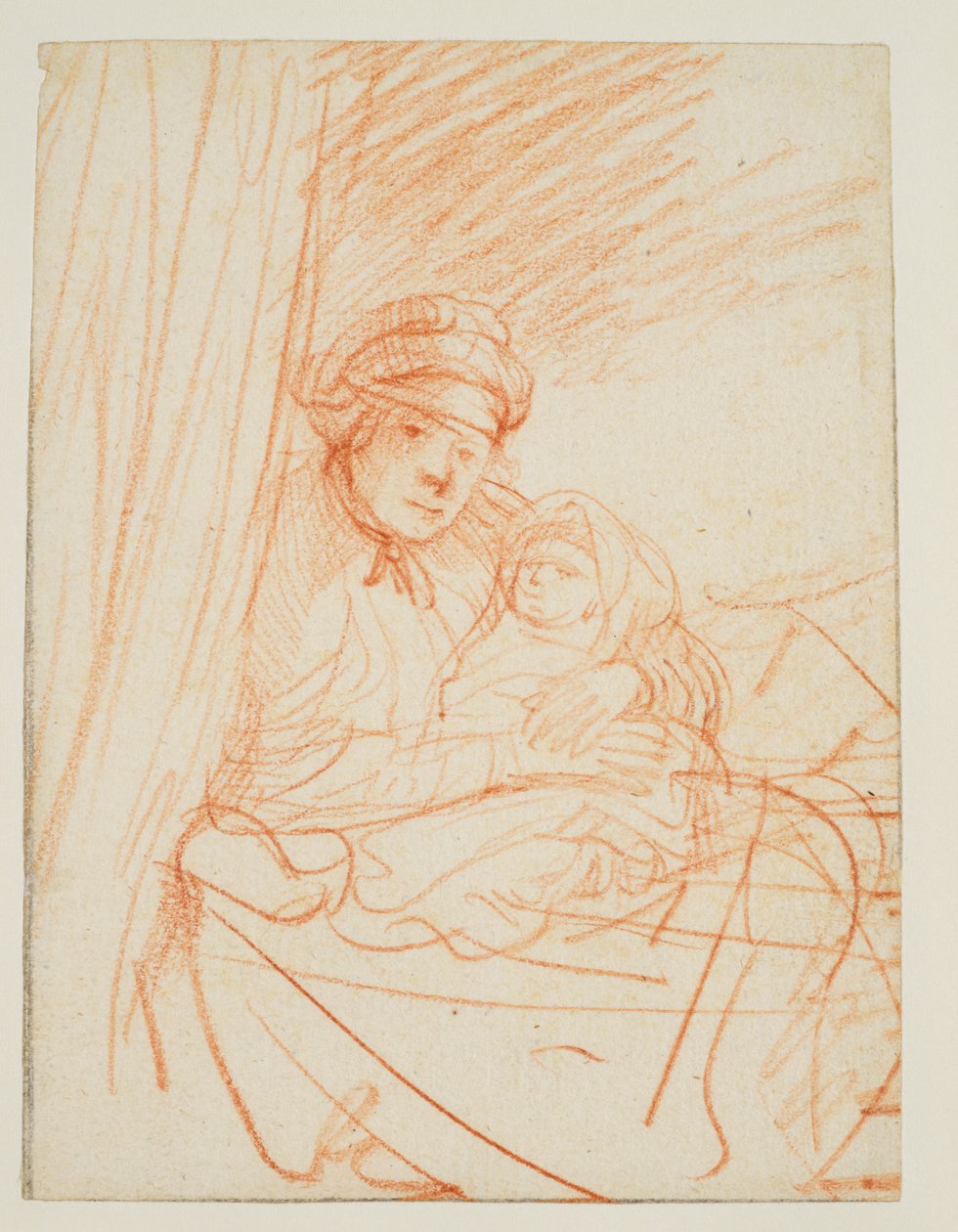 Saskia yatakta oturuyor, elinde bir çocuk, 1635 dolaylarında by Rembrandt van Rijn