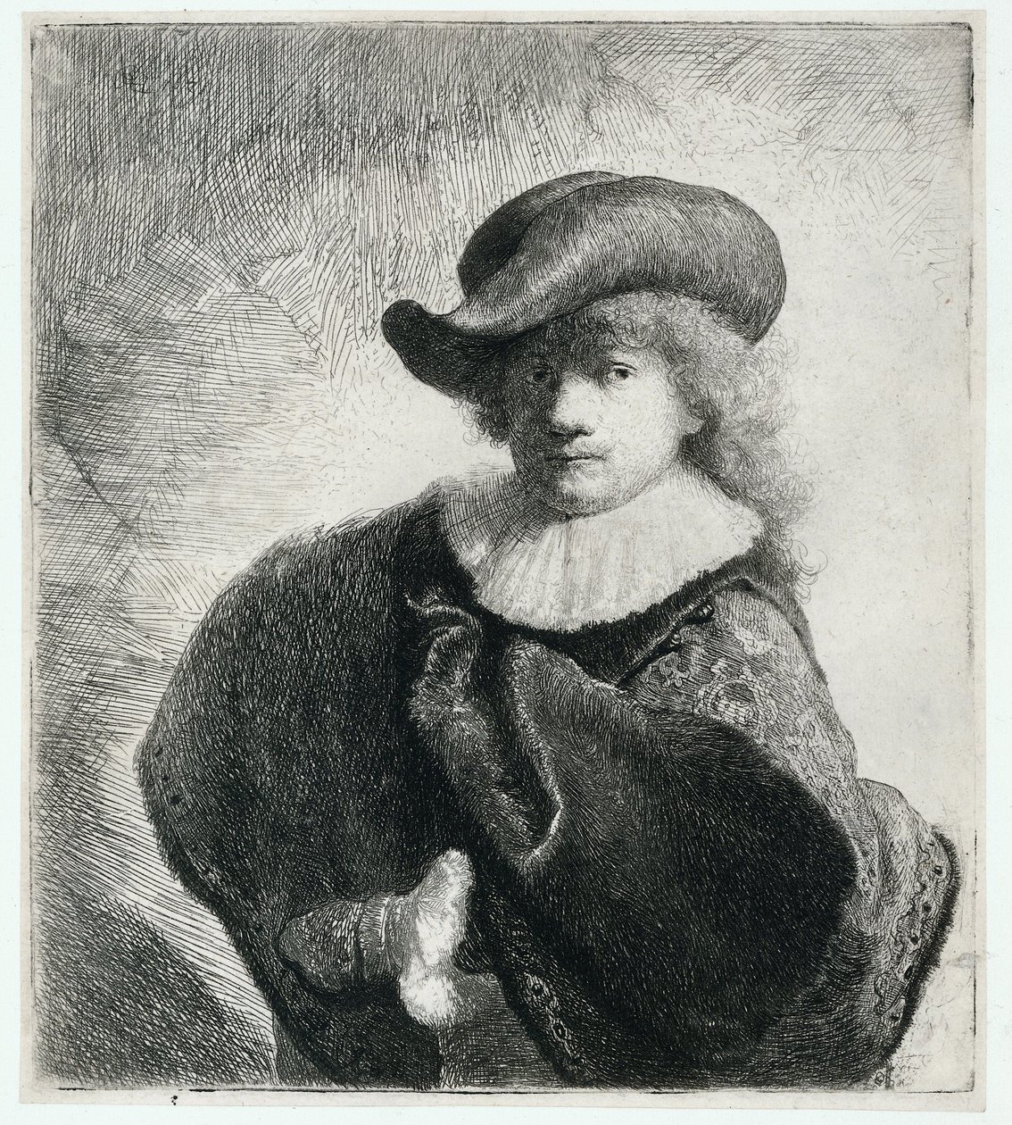 Yumuşak Şapkalı ve Desenli Pelerinli Otoportre by Rembrandt Harmensz. van Rijn