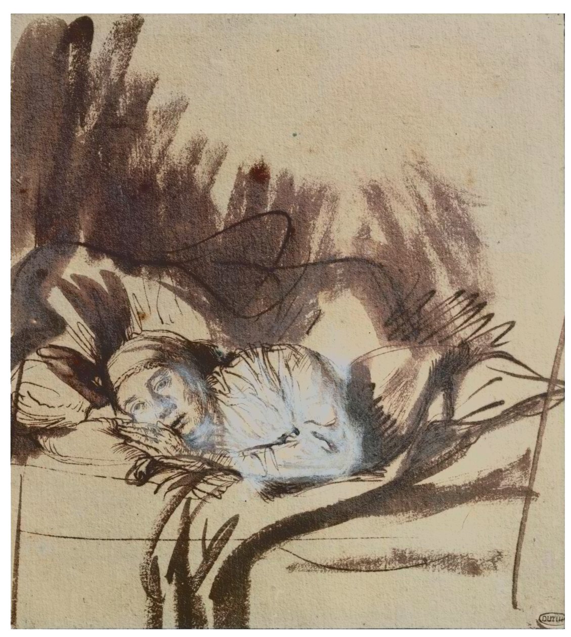 Yataktaki hasta kadın, belki Saskia, ressamın karısı by Rembrandt Harmensz. van Rijn