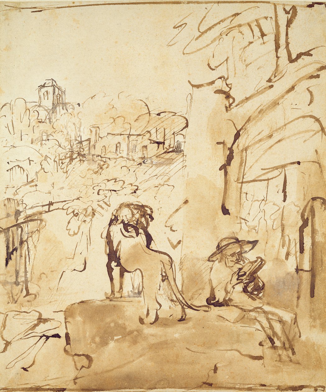 Aziz Jerome bir manzarada okuyor (kalem ve kağıt üzerinde yıkayın) by Rembrandt van Rijn