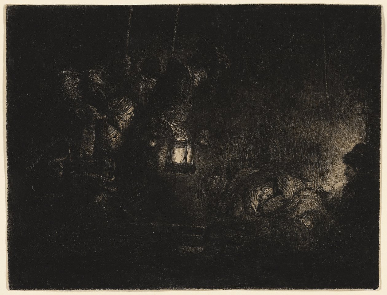 The Adoration of the Shepherds: A Night Piece, c.1657 (fildişi kaplı kağıt üzerine siyah gravür, kuru nokta ve burin) by Rembrandt Harmensz. van Rijn