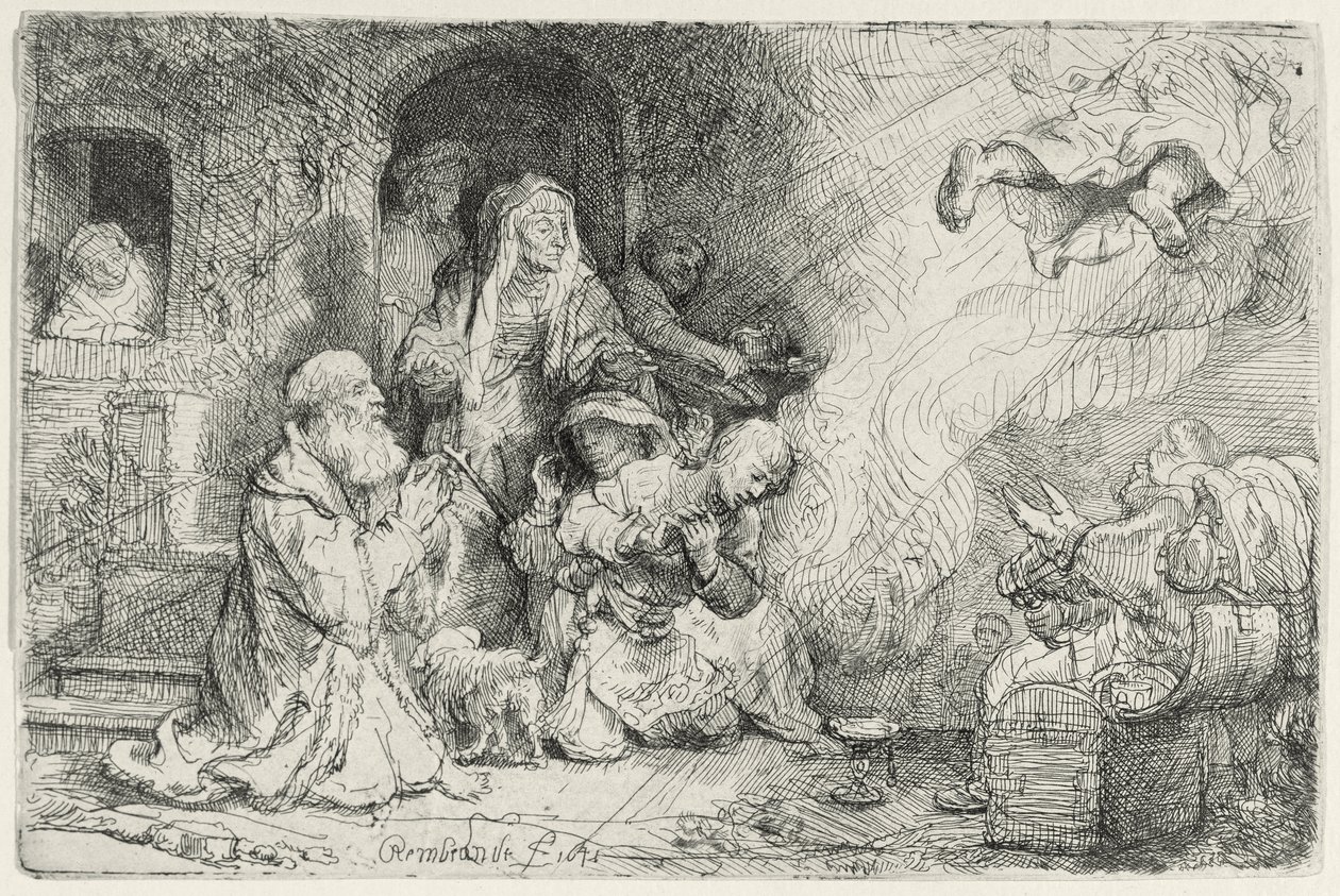 Tobias Ailesinden Ayrılan Melek (kağıt üzerine kalem ve mürekkep) by Rembrandt van Rijn