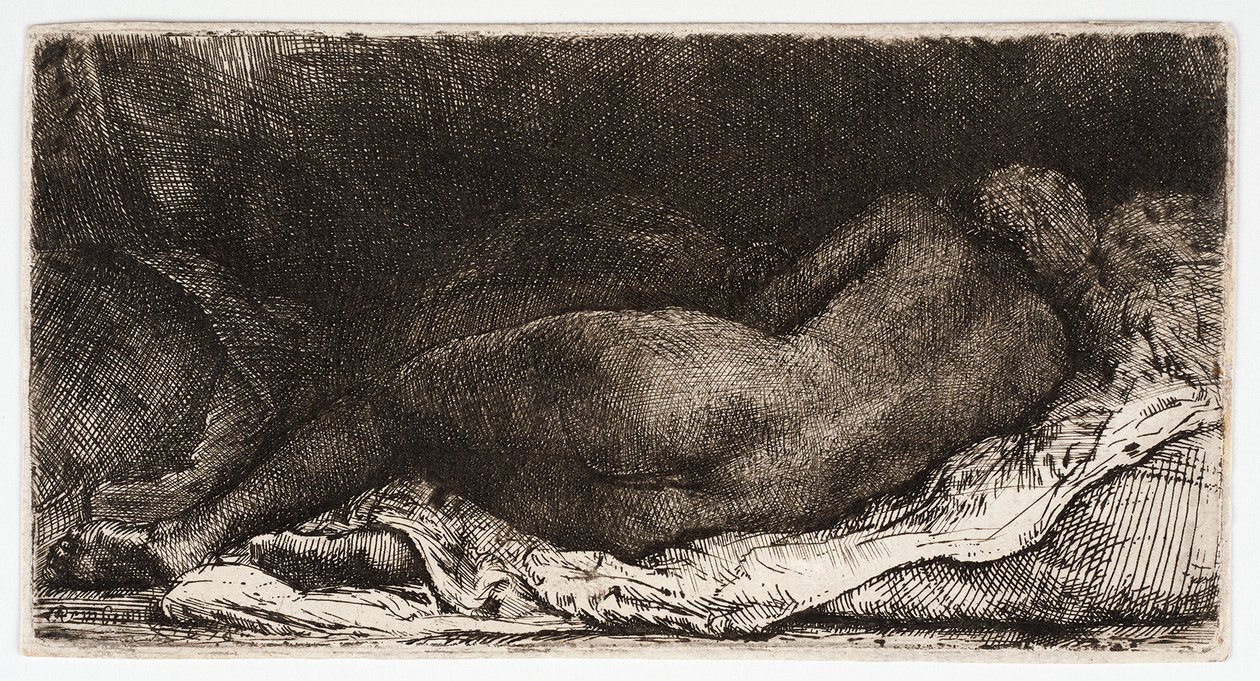 Rüzgârda Kalçasıyla Uyuyan Çıplak Kadın, by Rembrandt Harmensz. van Rijn