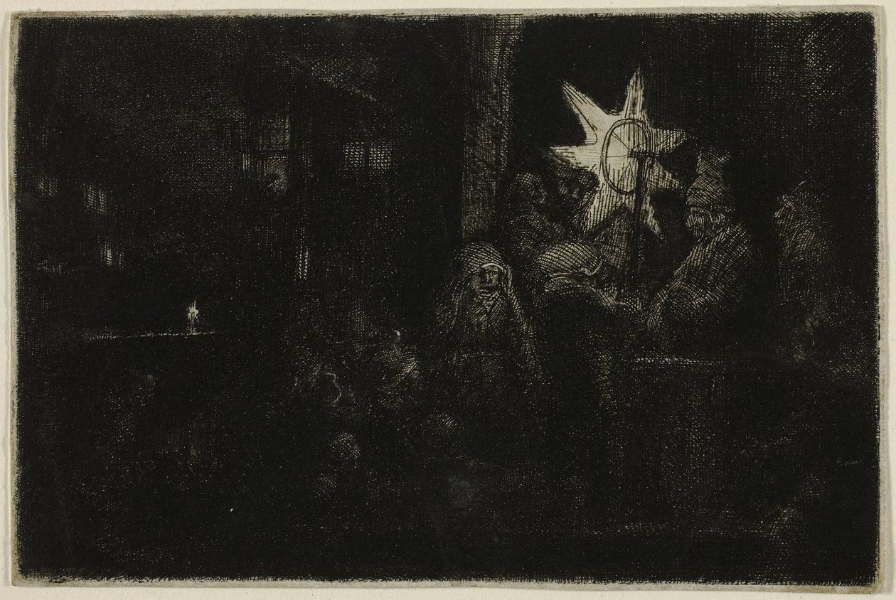 The Star of the Kings: A Night Piece, c.1651 (fildişi kaplı kağıt üzerine gravür, kuru nokta ve gravür) by Rembrandt Harmensz. van Rijn