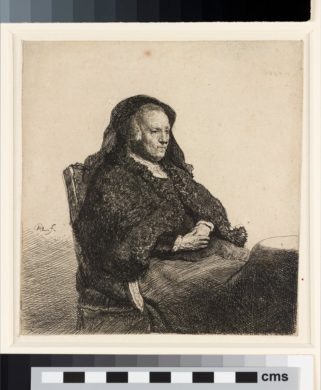 Sanatçının bir masada oturan annesi, c.1631 (gravür) by Rembrandt van Rijn