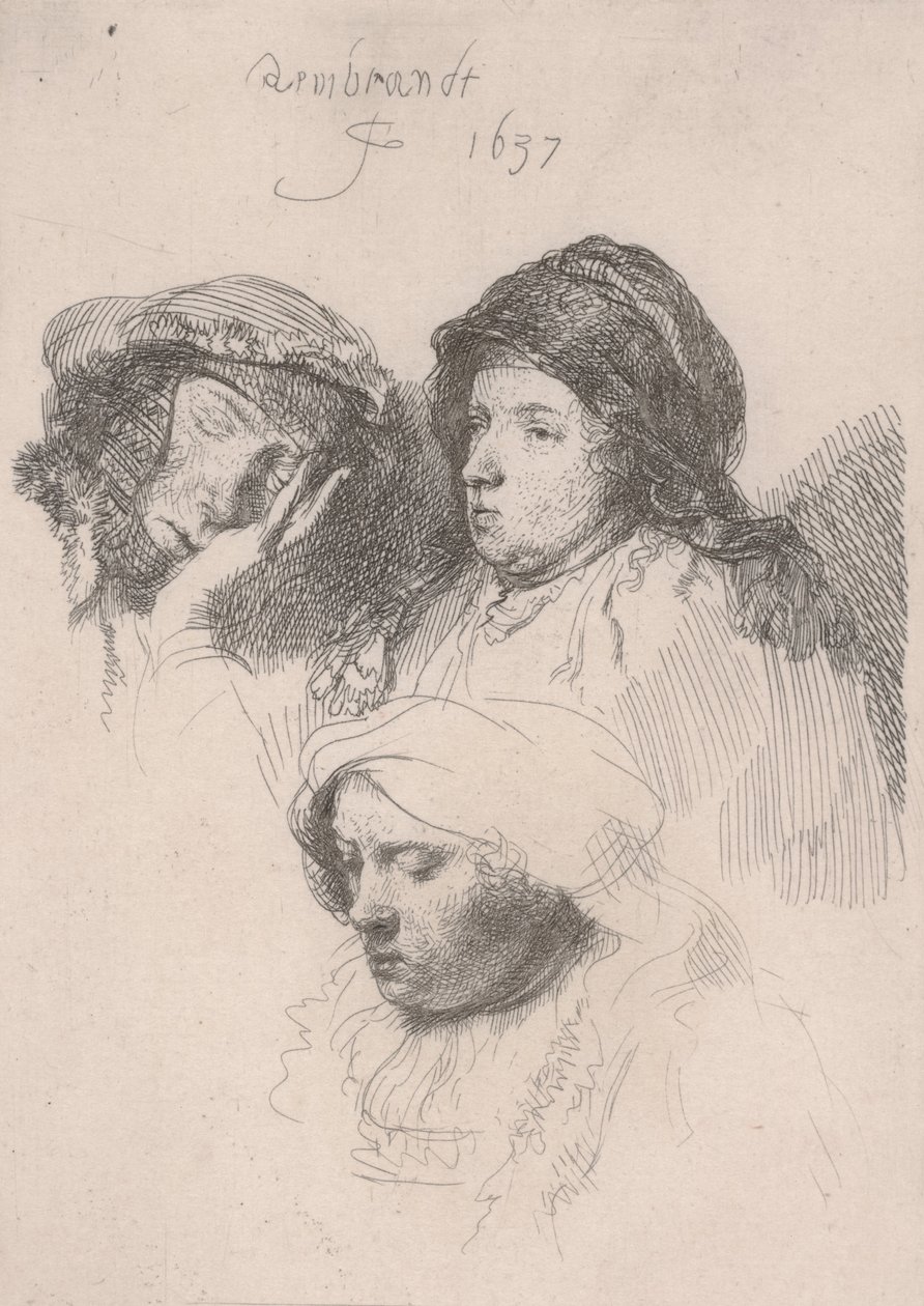 Üç Kadın Başı, Bir Uykuda by Rembrandt van Rijn
