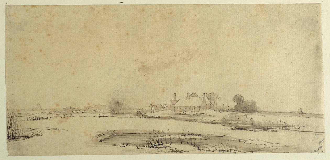 Su, çayırlar ve bir çiftlik (kağıt üzerine kalem ve mürekkep) by Rembrandt Harmensz. van Rijn